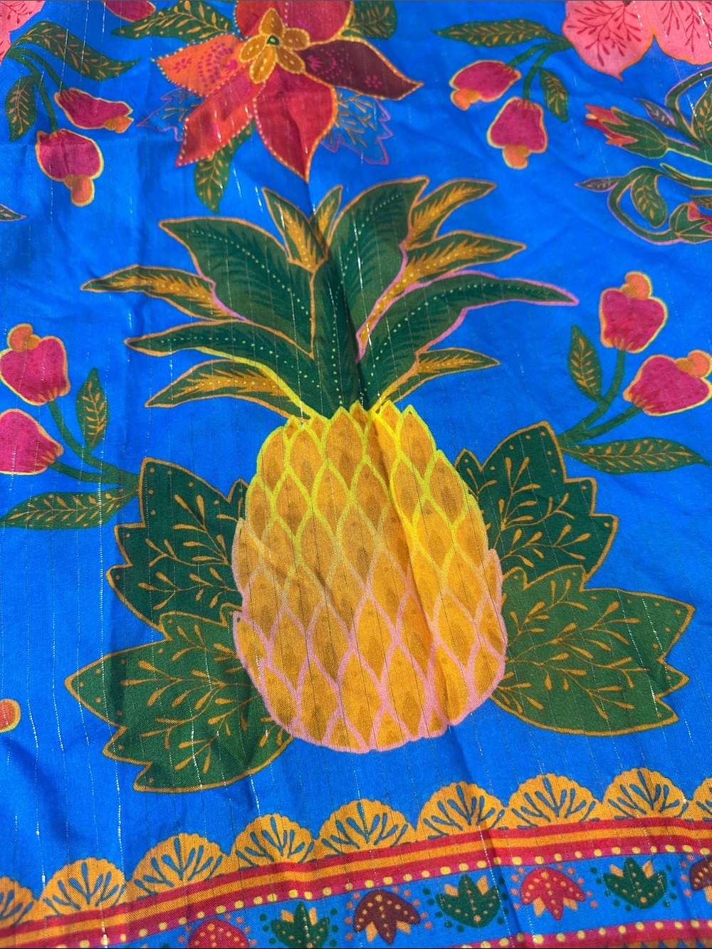 EUC FARM Rio Blue Tropical Floral Fruit Scarf Wrap OS    *minor callout* - Picture 7 of 16